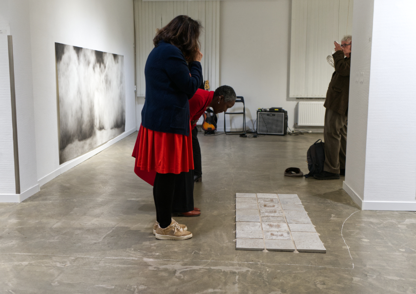 Michal Fuchs, Stable ground #1, 2024, Concrete tiles with Hebrew letters from Cactus drones